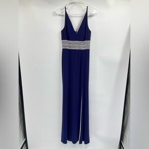 Xscape Dress Womens 4 Navy Blue Sleeveless Jeweled V-Neck Evening Gown Formal